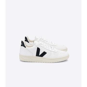 White/Black Women's Veja V-10 LEATHER Sneakers | AU 663MQZ